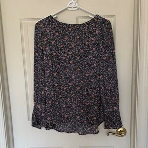 LOFT Black Floral Long-Sleeve Blouse with Pink Flowers